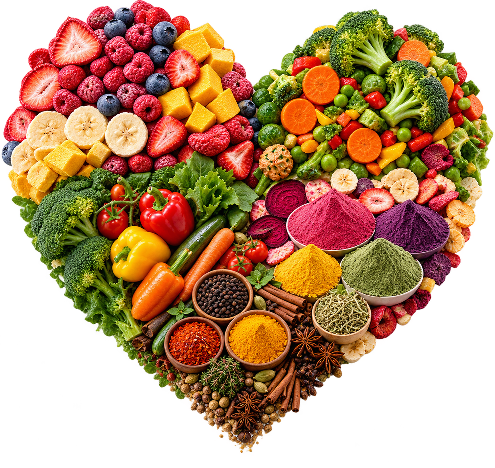 Heart shaped arrangement of fresh fruits, vegetables, grains and spices